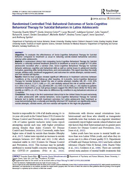 Randomized Controlled Trial: Behavioral Outcomes of Socio-Cognitive Behavioral Therapy for Suicidal Behaviors in Latinx Adolescents