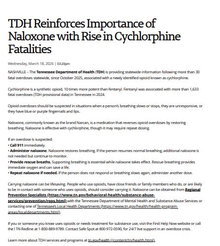 TDH Reinforces Importance of Naloxone with Rise in Cychlorphine Fatalities