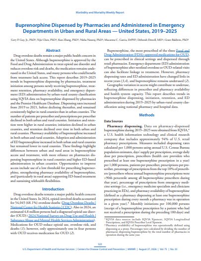 Buprenorphine Dispensed by Pharmacies and Administered in Emergency Departments in Urban and Rural Areas — United States, 2019–2025 - CDC