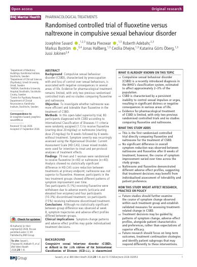Randomised Controlled Trial of Fluoxetine Versus Naltrexone in Compulsive Sexual Behaviour Disorder