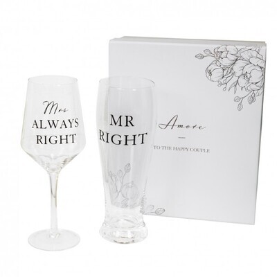 Mr + Mrs Right Wine/Pint glass set