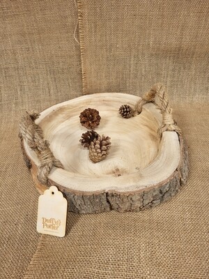 Wooden tray with bark & rope handles 