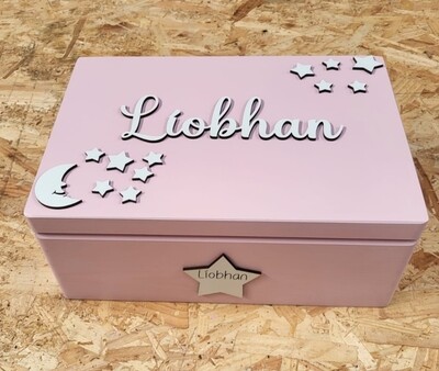 Keepsake box moon and back baby, also knows as a personalised keepsake box or a personalised memory box,. a wooden keepsake box made in ireland that is personalised