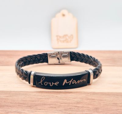 Personalised &quot;their writing&quot; pu leather plaited bracelet black