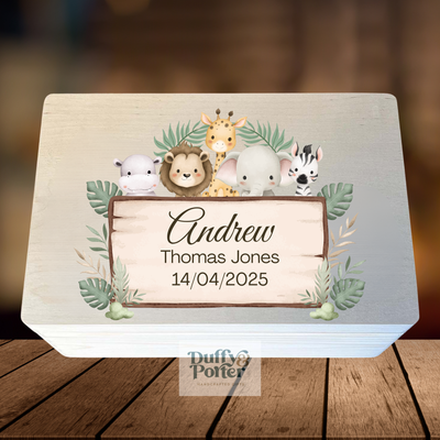 Safari-Themed Wooden Keepsake Box: A Personalised Baby Gift in Ireland