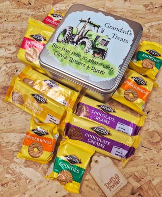 Personalised Farm tractor treats Biscuit Tin with Biscuits 