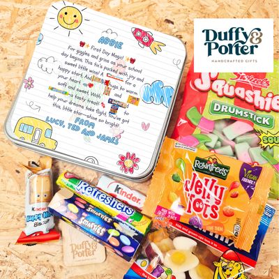 Personalised First day of School tin full of treats