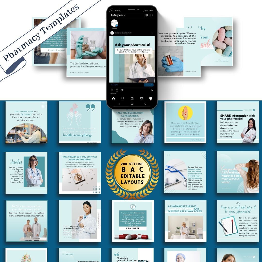 200 Pharmacy/ Health Templates Bundle - Resources for Pharmacists, Drug Store Owners, Vitamin Shops, Entrepreneurs, Influencers, and small businesses - Social Media