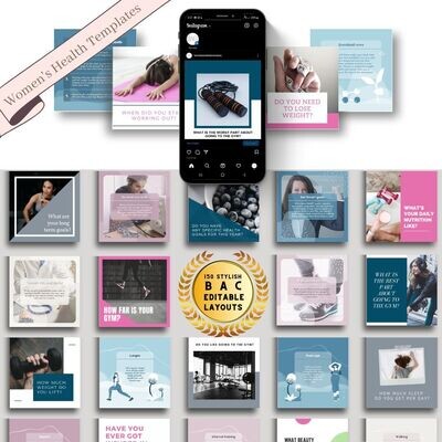 150 Women's Health Template Bundle - Resources for Fitness and Health Coaches, Entrepreneurs, Influencers, and small businesses - Social Media