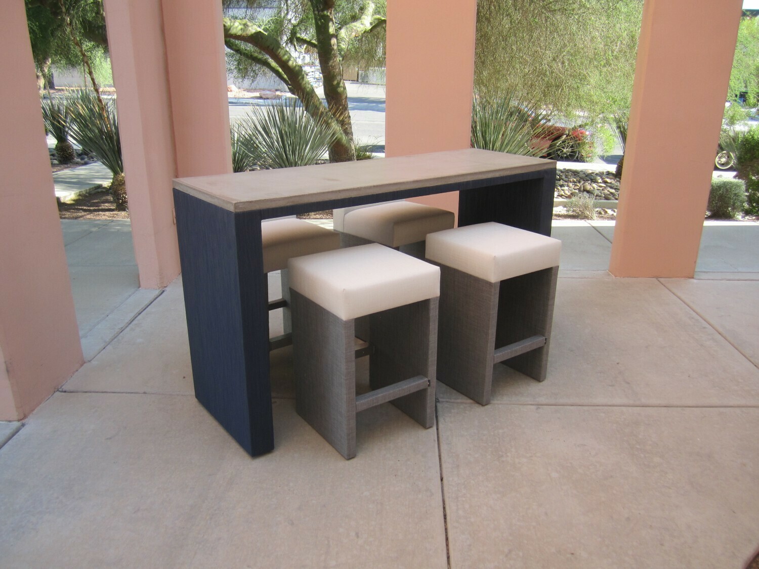 Resort Style 5 Piece High Top Table Set-One 6ft Concrete High Top Height Table & 4 Backless Barstools
