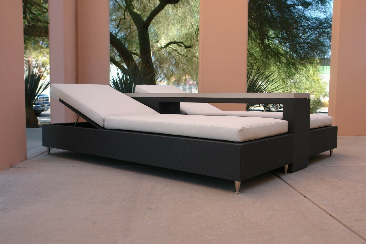 Resort Style 3 Piece Lounging Set-2 Adjustable Daybeds with Tight Seated Cushions and Concrete Lounger Table with Shelf