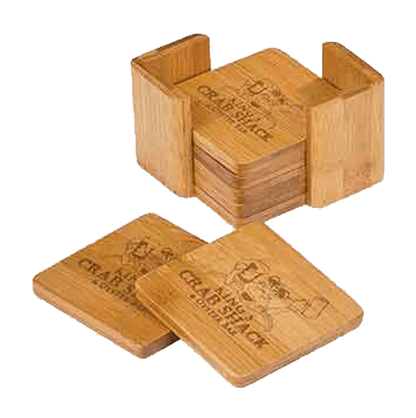 Bamboo square 6-coaster set w/holder