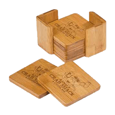 Bamboo square 6-coaster set w/holder