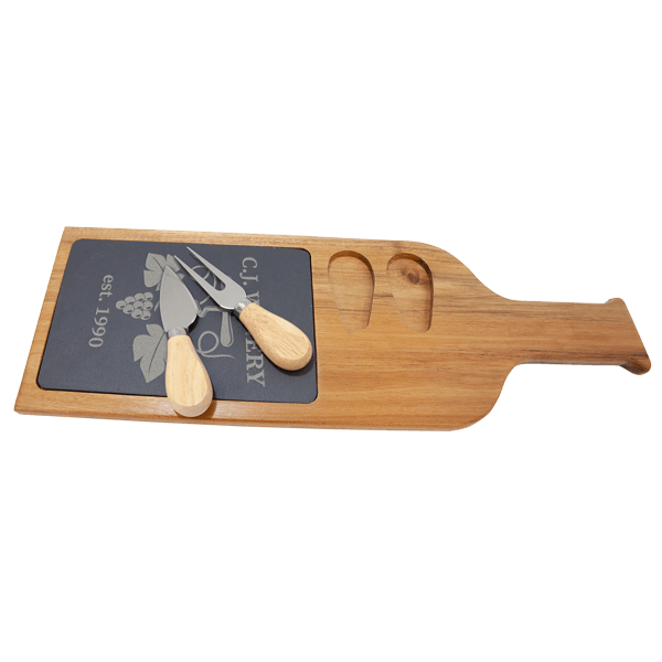 Acacia wood slate serving cheese board w/fork and spreader