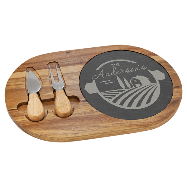 Acacia wood slate oval cheese/serving board w/ fork and spreader