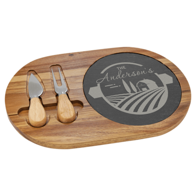 Acacia wood slate oval cheese/serving board w/ fork and spreader