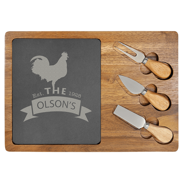 Acacia wood slate cheese/serving board w/fork, spreader and knife