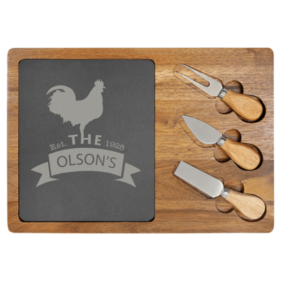 Acacia wood slate cheese/serving board w/fork, spreader and knife