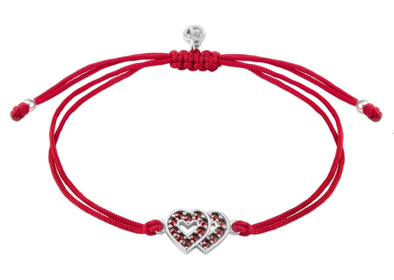 Shamballa - Silberarmband mit Granatstein und Herzen rot