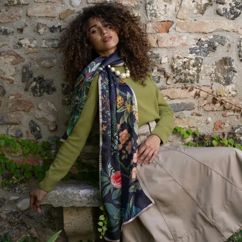 Sara - lange Satin - Seide Schal  blau