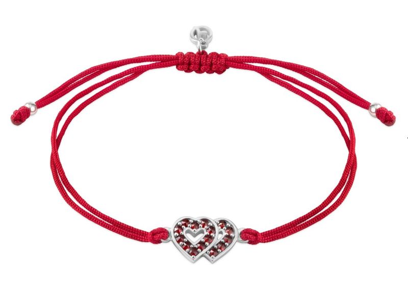 Silberarmband mit Granatstein und Herzen rot Shamballa