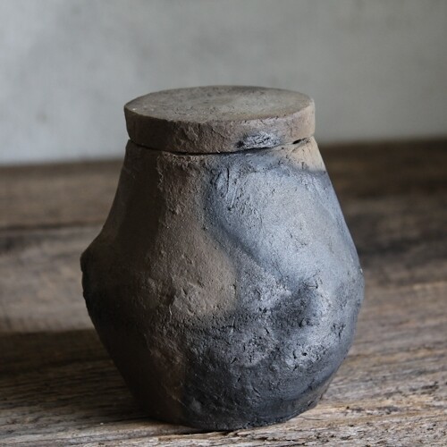 Wabi-sabi small jar with lid #3, wild clay ceramics
