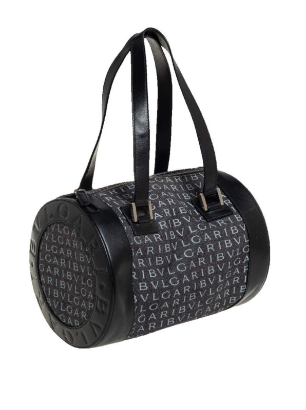 Bvlgari Black Macadam Denim and Leather Cylinder Bag
