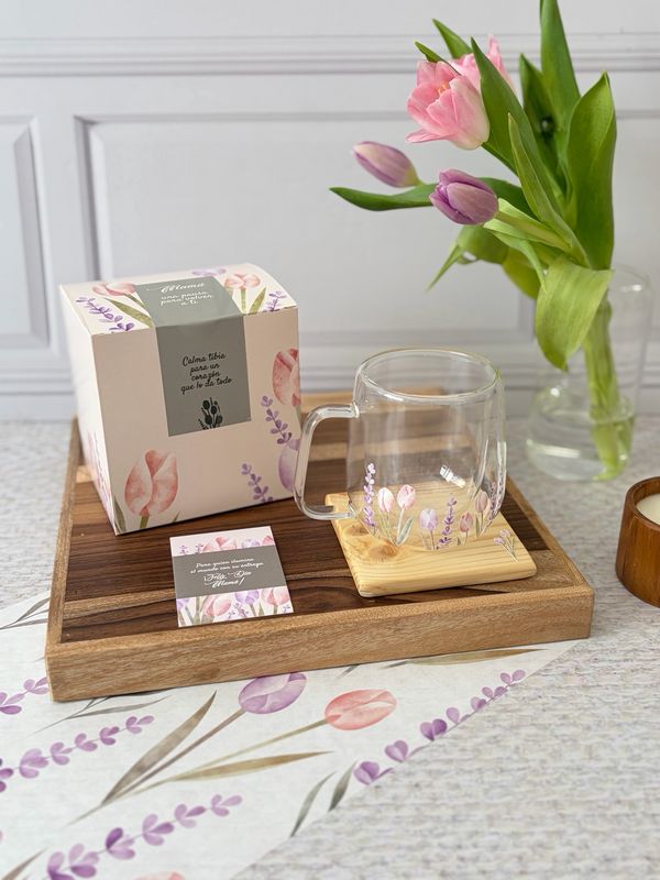 Set de taza de vidrio de doble pared &amp; portavaso de pino