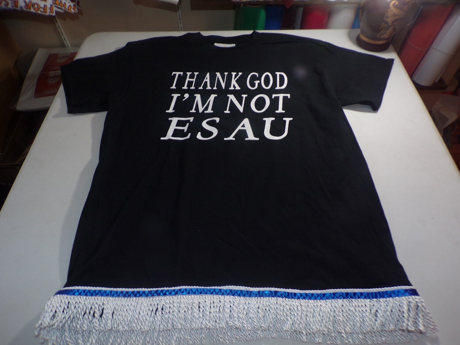 Thank God I&#39;m Not Esau Black w/White Fringes