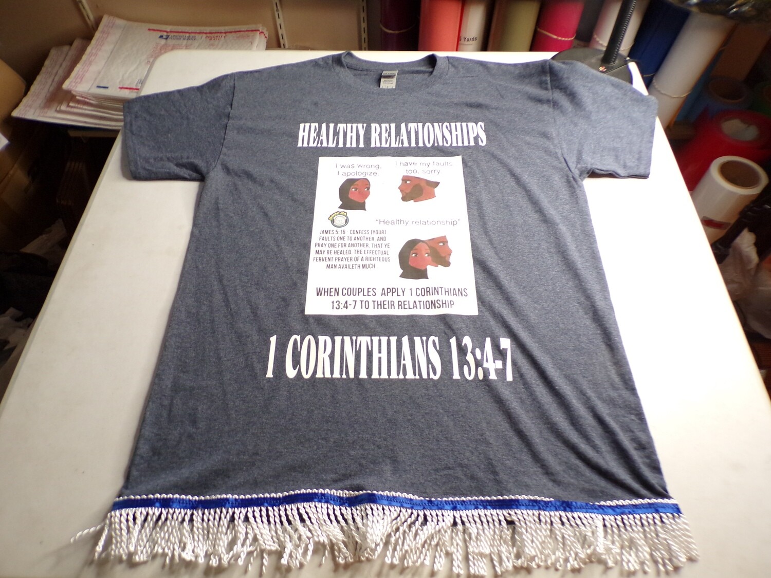 Healthy Relationships Corinthians 13:4-7 Heather Navy Shirt White Fringes