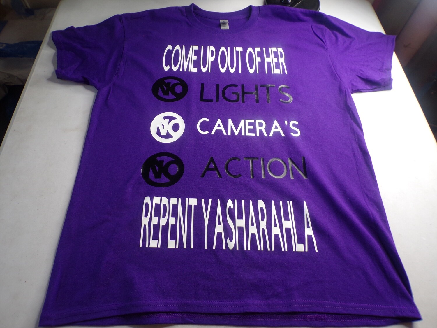Come Up Out Of Her No Lights No Camera No Action Repent Yasharahla Purple Shirt
