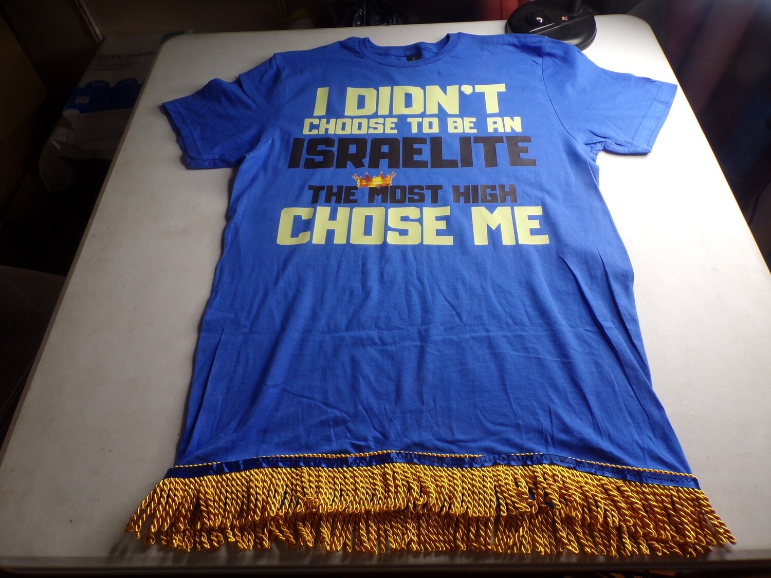 I Didn&#39;t Choose to Be an Israelite the Most High Chose Me Royal BlueTee Black Writing Gold Fringes