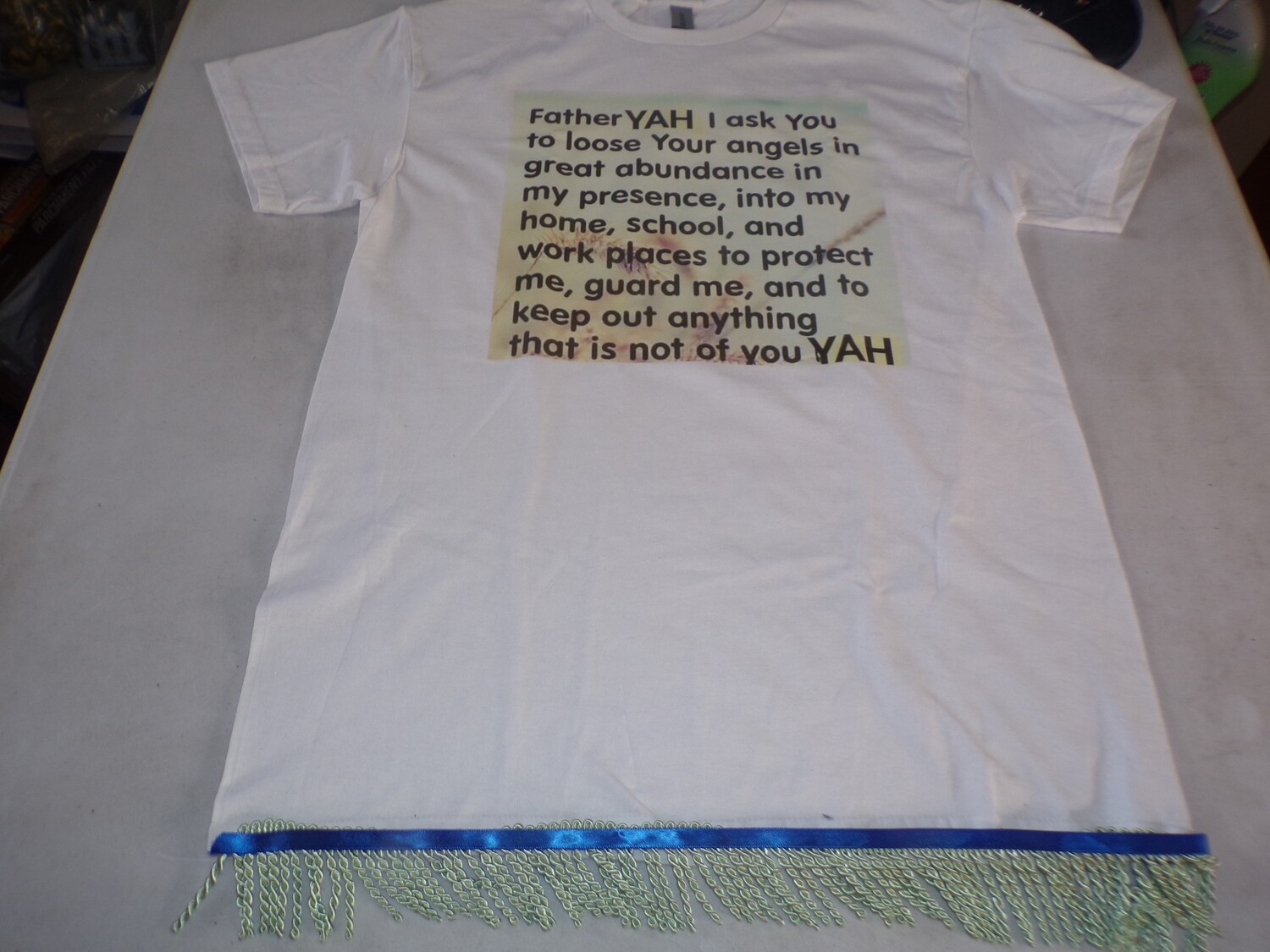 Father Yah I Ask You White Shirt with Light Green Fringes