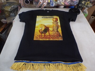 I Awoke Feeling Blacknificent I Am More Then A Conquerer Female Tee Black Shirt/w Gold Fringes