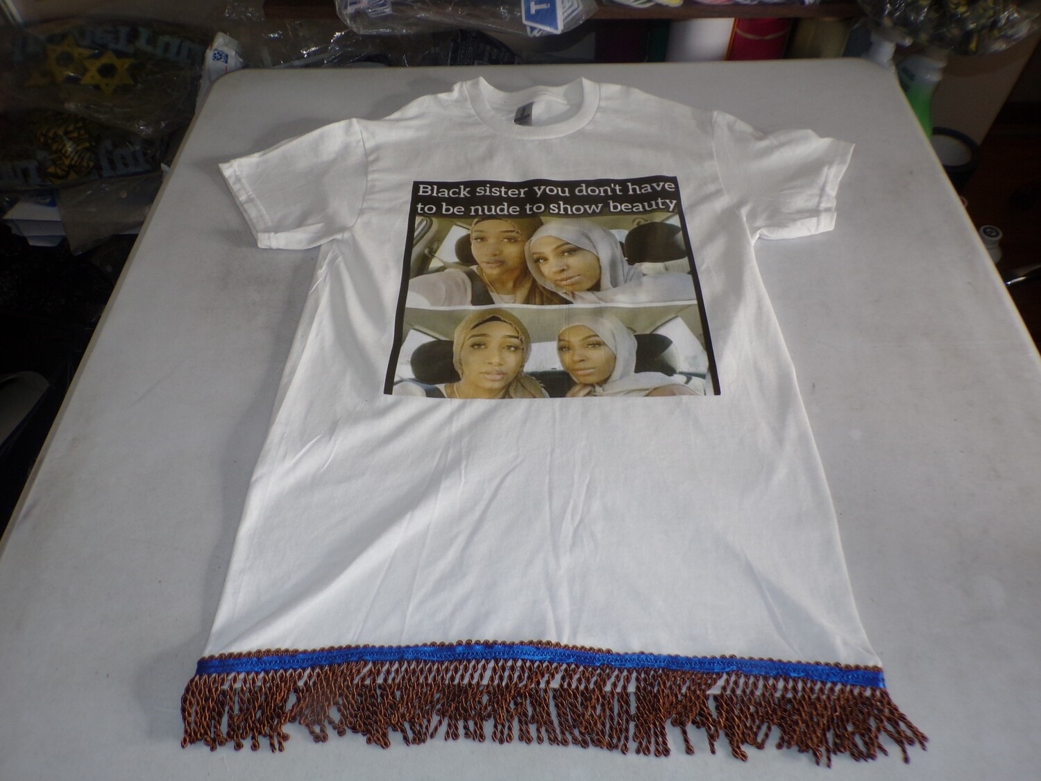 Black Sister You Don&#39;t Have to Be Nude To Show Beauty White Tee Brown Fringes