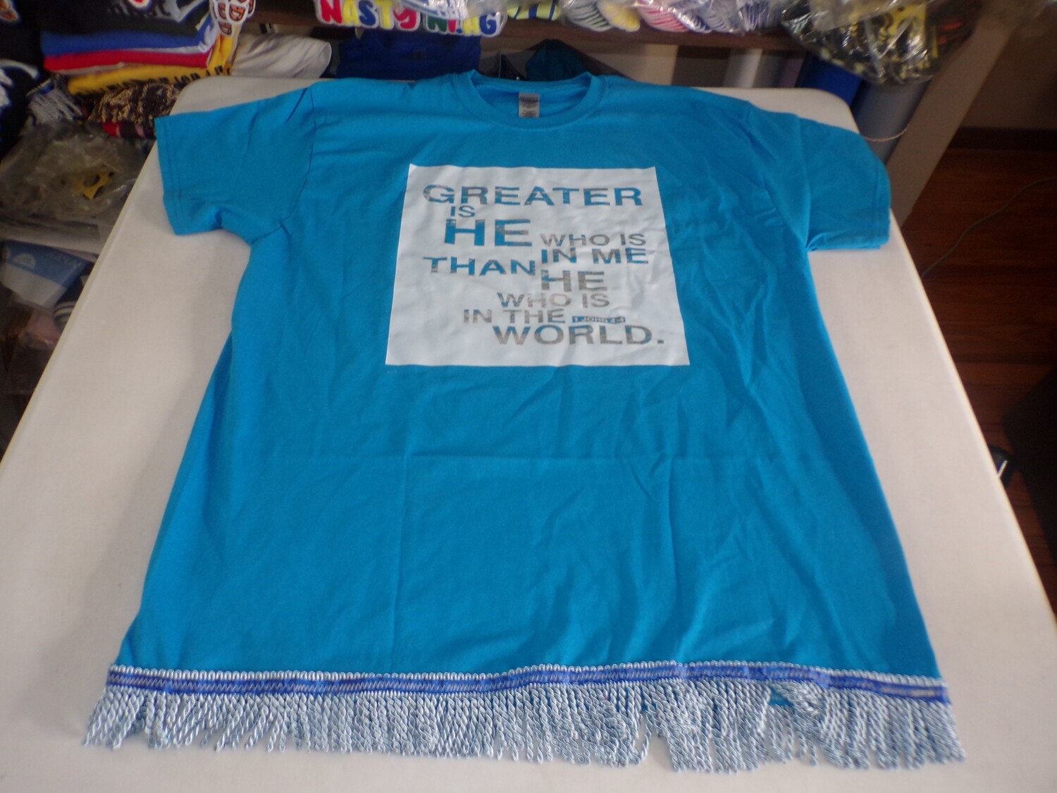 Greater Is He That Is in Me Than He Who Is In The World 1 John 4:4 Tropical Bie Tee Sky Blue Fringes