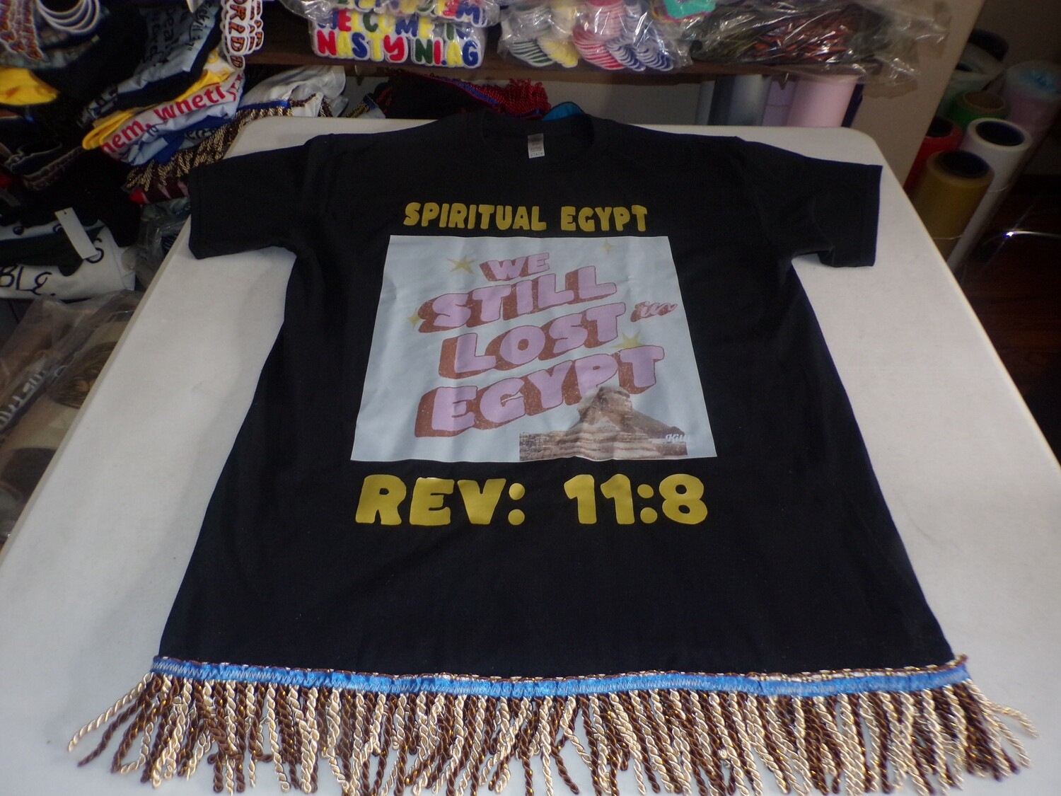 Spiritual Egypt We Still Lost in Egypt Rev 11:18 Black Tee Brown/Gold Fringes