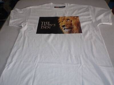 The Lions Den (Front) Den of Lions (Back) White Tee Gold Fringes