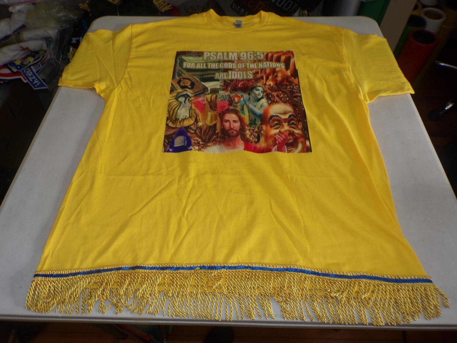 For All the Gods of The Nations Are Idols Psalm 96:5 Yellow Tee Gold Fringes