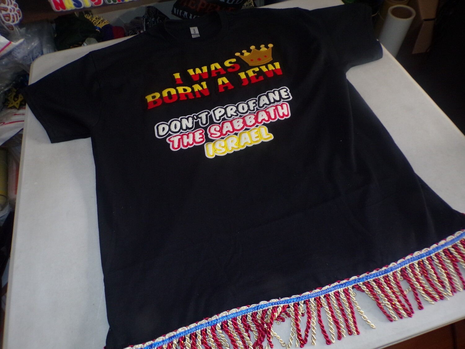 I Was Born A Jew Don&#39;t Profane The Sabbath Black Tee Red Gold fringes