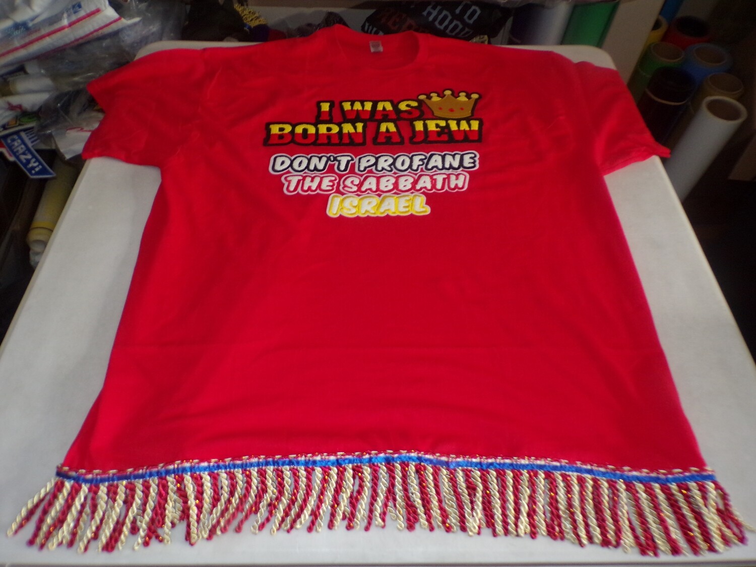 I Was Born A Jew Don&#39;t Profane The Sabbath Israel Red Tee Red Gold Fringes