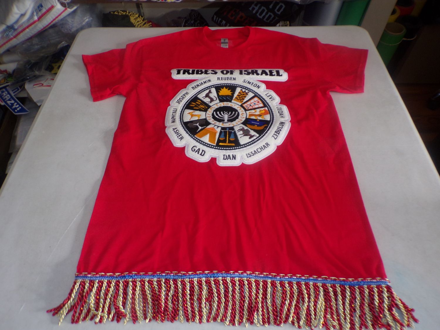 Tribes of Israel Exclusive Stitch Work Patch 12.5 inches Red Tee Red/Gold Fringes