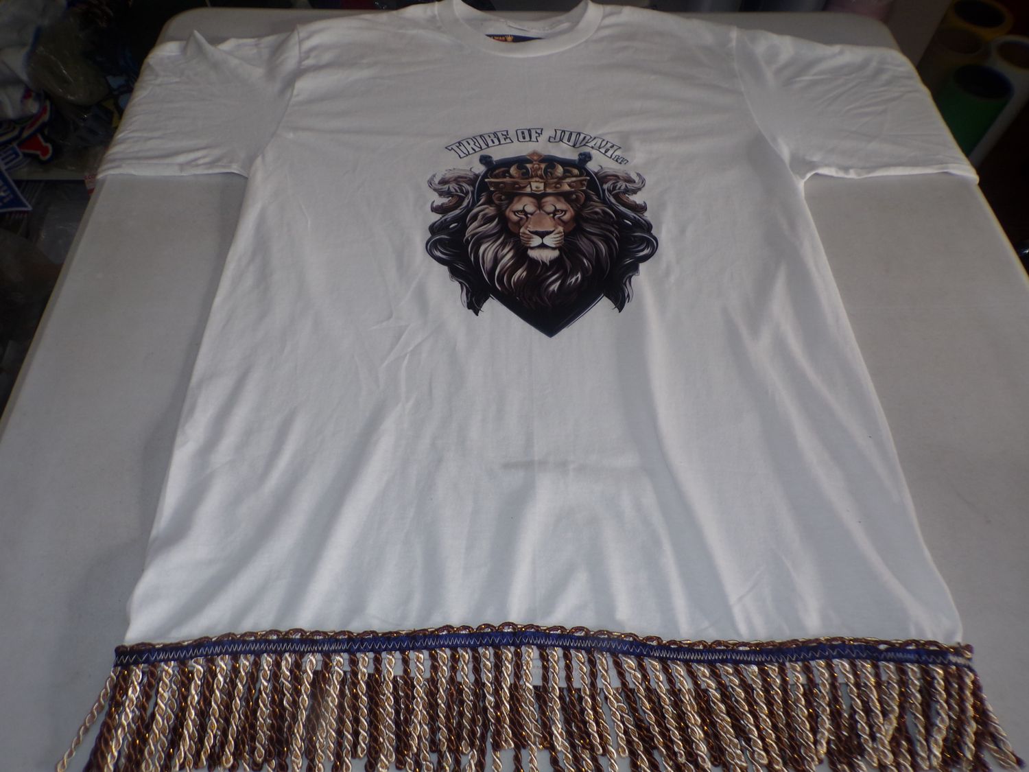 Tribes of Judah Exclusive Stitch Work Patch 12.5 inches White Long Sleeve Tee White Fringes​.