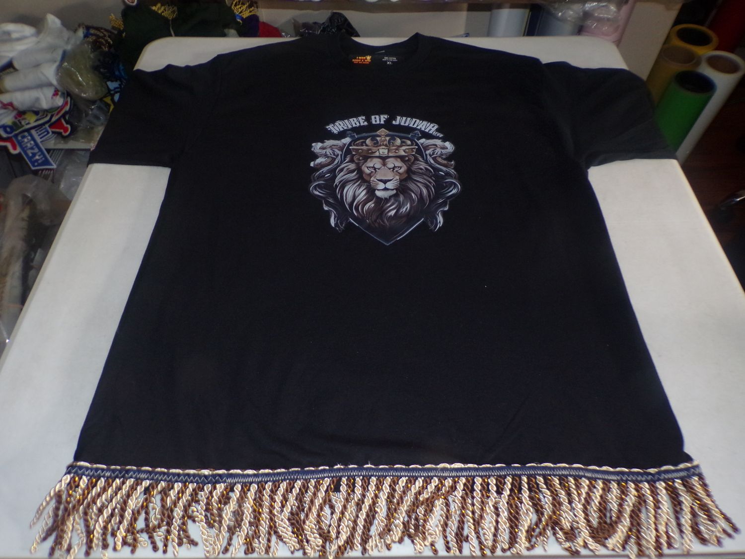 Tribes of Judah Exclusive Stitch Work Patch 12.5 inches Black Long Sleeve Tee White Fringes​.