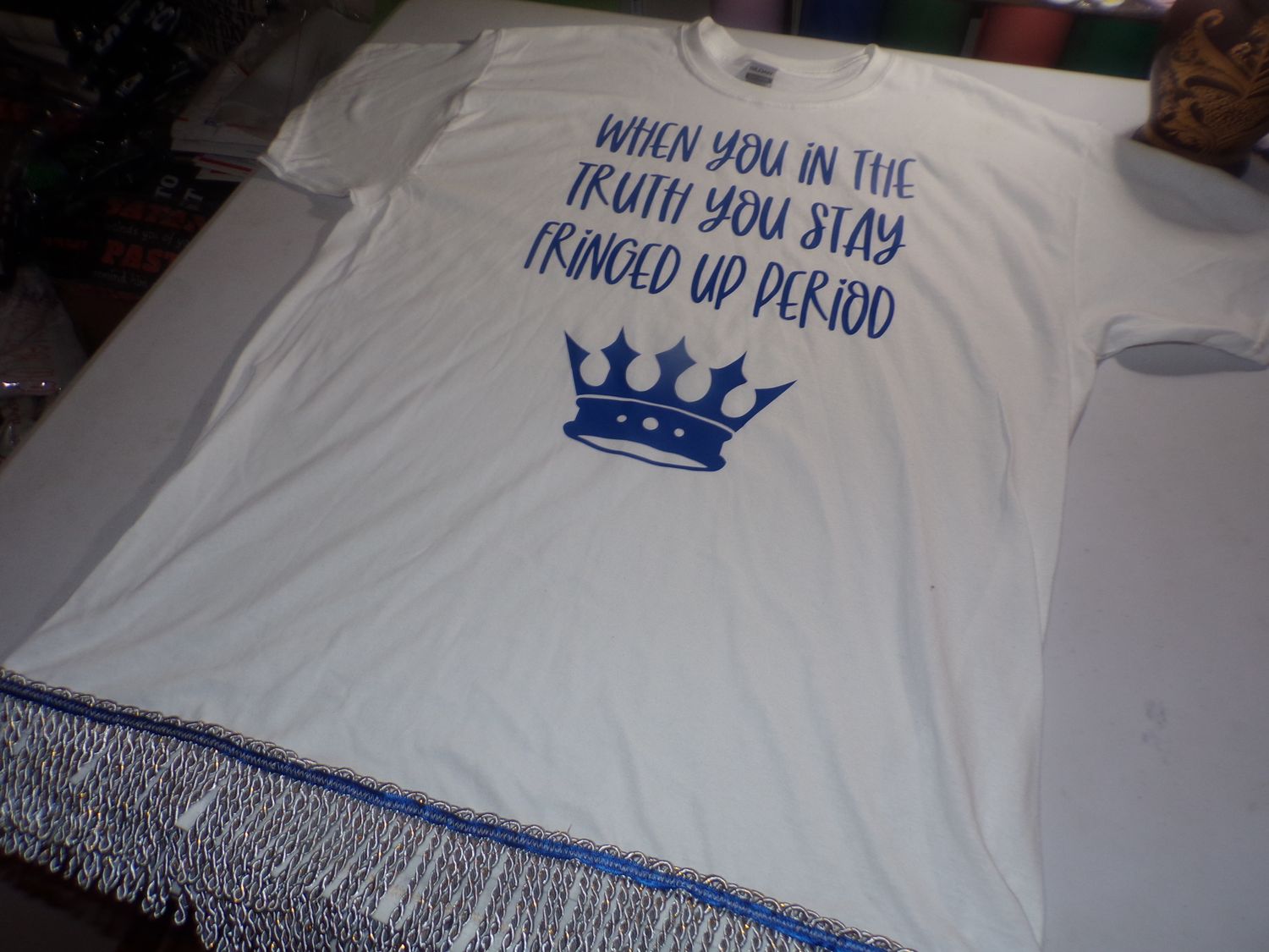 When You In The Truth You Stay Fringed Up White Tee Sky Blue Fringes