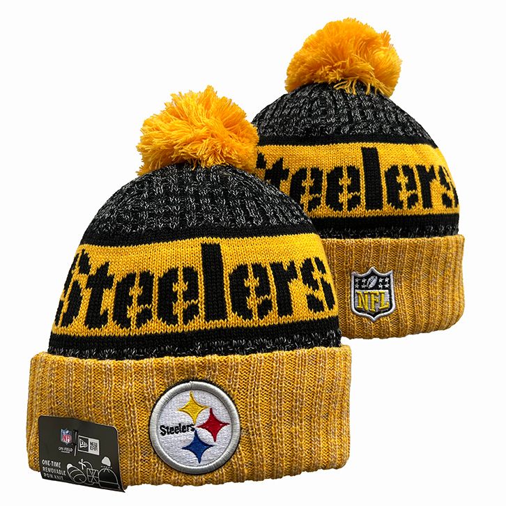 Pittsburgh Steelers New Era NFL Cuffed Pom Knit Beanie Hat Black/Yellow/Crown/Visor Team Color Logo