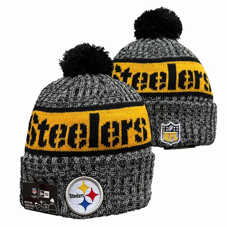 Pittsburgh Steelers New Era NFL Cuffed Pom Knit Beanie Hat Black/Grey/ Crown/Visor Team Color Logo