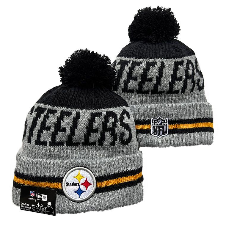 Pittsburgh Steelers New Era NFL Cuffed Pom Beanie/Knit Hat Sideline Black/Grey Crown/Visor Team Color Logo