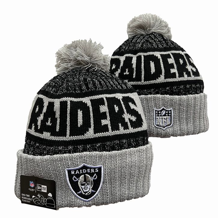 Las Vegas Raiders New Era NFL 2024 Sideline Sport Official Pom Cuffed Knit Beanie Gray/Black Team Color
