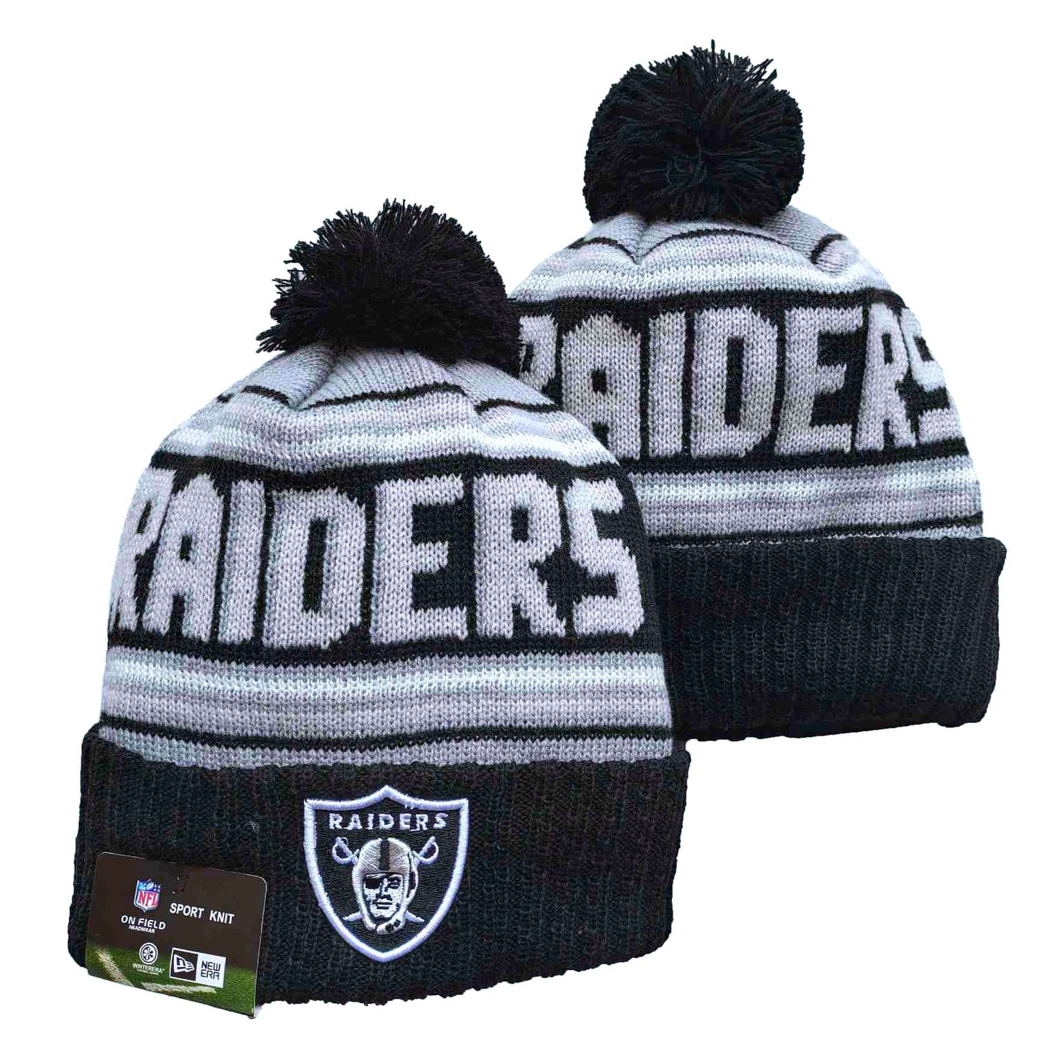Las Vegas Raiders New Era NFL 2024 Sport Official Pom Cuffed Knit Beanie Black/White/Grey Team Color